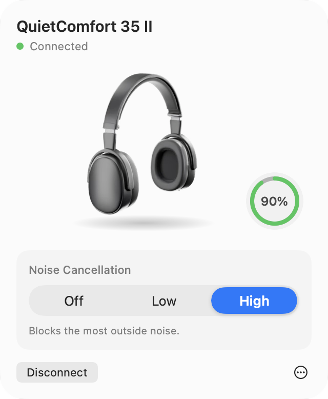 The Lull popover: QuietComfort 35 II connected, battery at 90 percent, noise cancelling set to High.